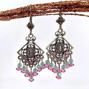 ⚜️ Blue and Pink Silver Square Chandelier Earrings